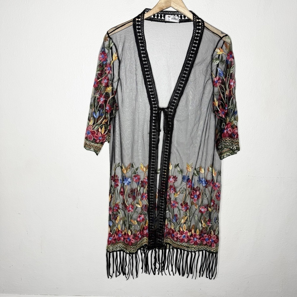Asha Black Floral Embroidered Fringe Kimono Swim Cover Beach Womens Sheer